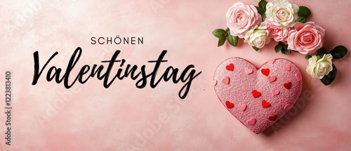 Romantische Valentinstagsdekoration mit rosa Herz und Rosenblüten auf pastellfarbenem Hintergrund, Konzept für Liebe und Zuneigung photo