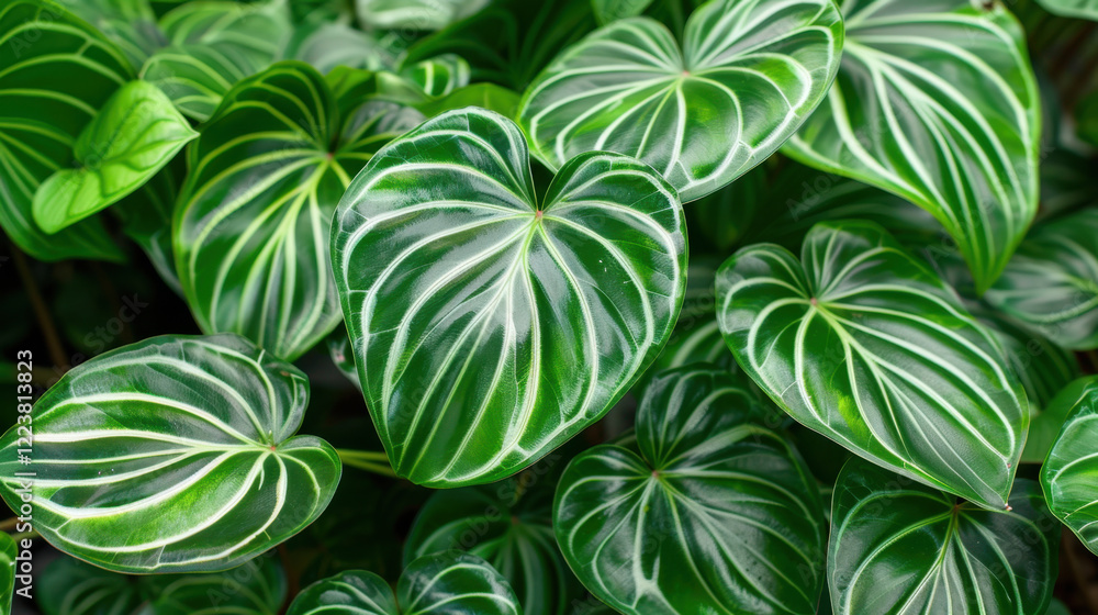 Lush green leaves with striking white veins create vibrant display, perfect for adding touch of nature to any space. This plant showcases beautiful heart shaped leaf pattern Lush green leaves with striking white veins create vibrant display, perfect for adding touch of nature to any space. This plant showcases beautiful heart shaped leaf pattern
