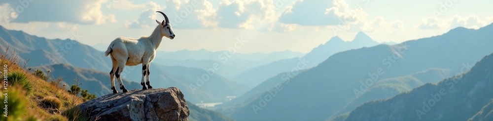 Obraz premium Goat perched on rock in landscape, country life, rocky terrain, farm animals