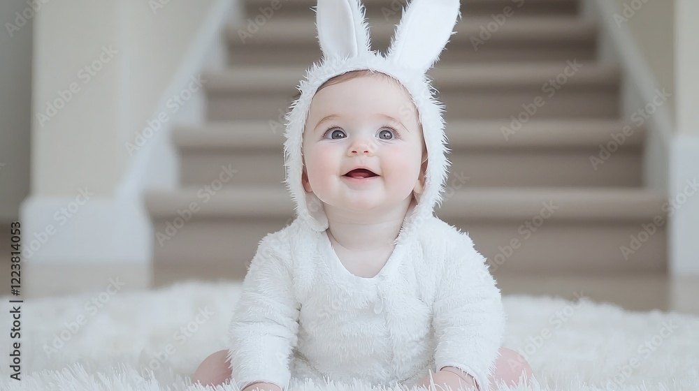 Happy baby in bunny costume, indoor stairs background, Easter celebration, family photo