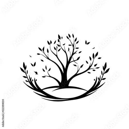 Serene Tree Silhouette Under the Moon: A Minimalist Nature Landscape Graphic