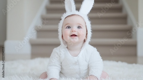 Obraz na płótnie Happy baby in bunny costume, indoor stairs background, Easter celebration, family photo w salonie
