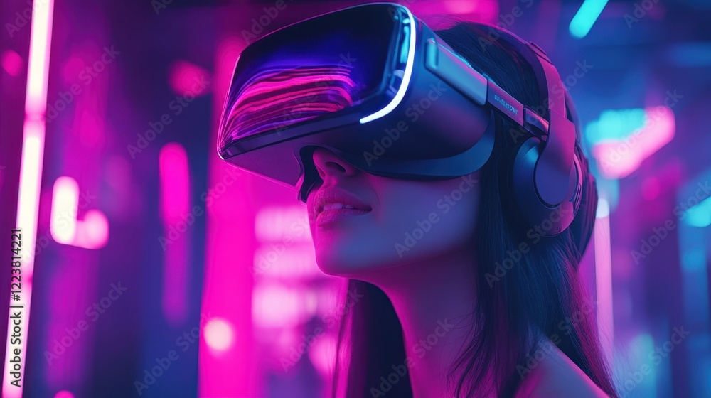 Woman Immersed In Virtual Reality Neon Lights Woman Immersed In Virtual Reality Neon Lights