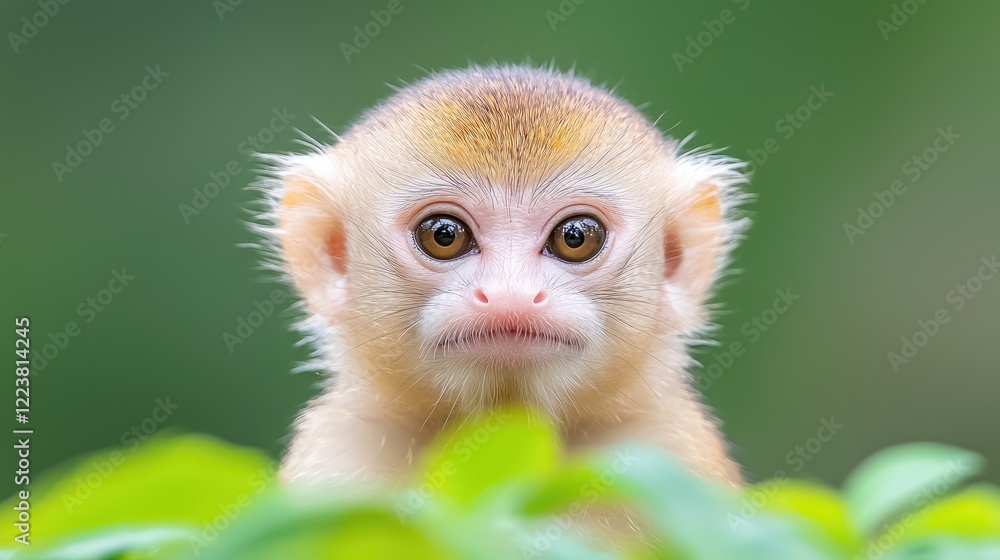 Fototapeta premium Baby monkey portrait, jungle foliage background, wildlife, nature photography, for websites or children's books