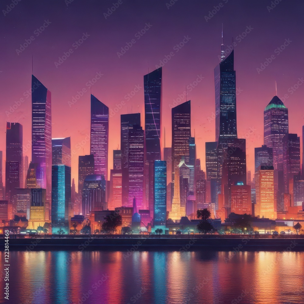 Obraz premium Colorful geometric shapes create a halftone raster set, showcasing a stylized cityscape at dusk, geometric shapes, stylized