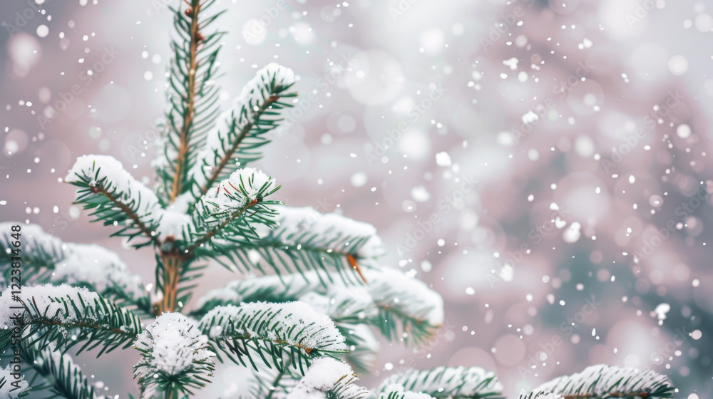 Snow covered evergreen branches create serene winter scene with falling snowflakes, evoking peaceful and magical atmosphere Snow covered evergreen branches create serene winter scene with falling snowflakes, evoking peaceful and magical atmosphere