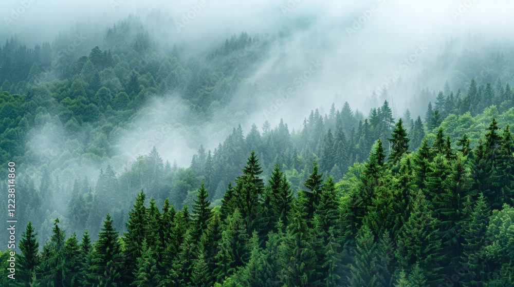Misty Pine Forest Covered in Morning Fog Misty Pine Forest Covered in Morning Fog
