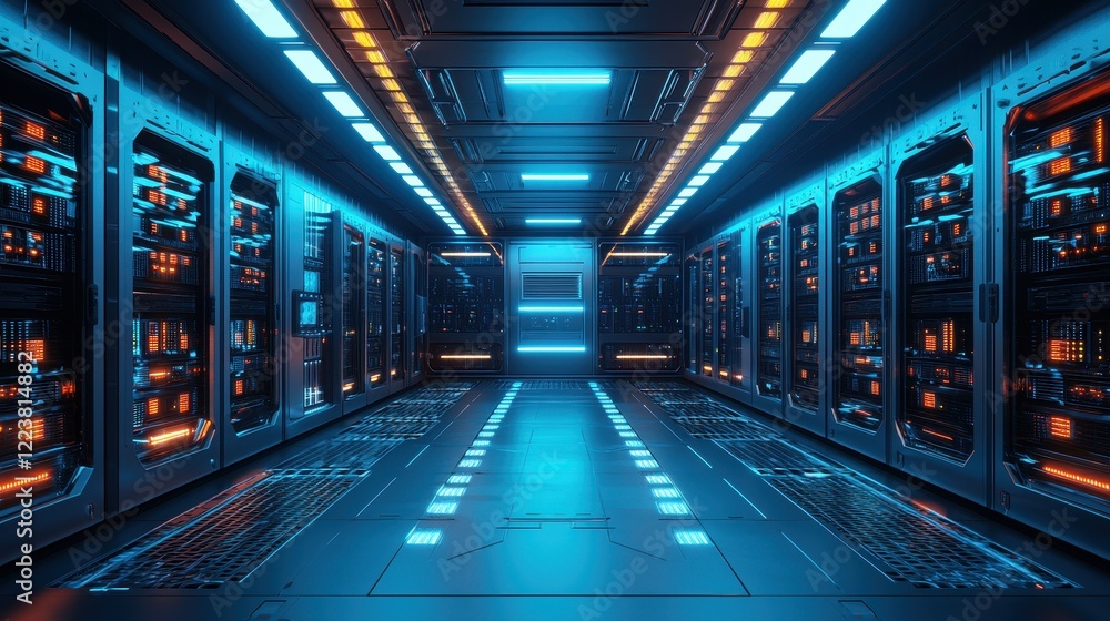 Fototapeta premium Futuristic Server Room Corridor With Bright Neon Lights