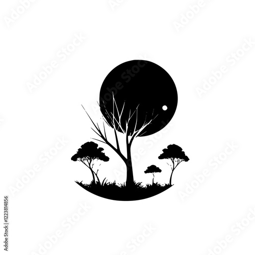 Monochromatic Landscape: Silhouetted Trees Under a Dark Moon. A minimalist nature scene, perfect for a serene and sophisticated aesthetic.