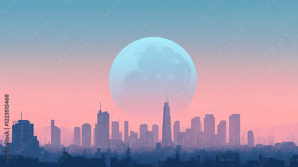 Fototapeta premium A city skyline with a large blue moon in the sky. Lunar Horizon. Illustration