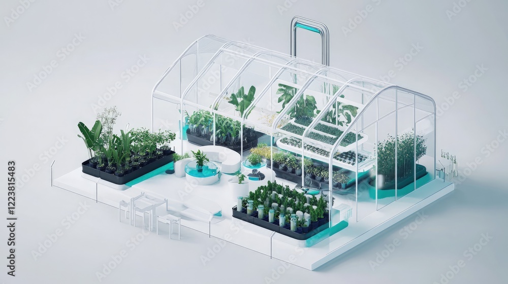 Fototapeta premium Modern Glass Greenhouse Botanical Garden Indoor Plants Cultivation Smart Farming Technology.