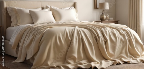 Cream colored wool blanket draped elegantly over king size bed,  luxurious feel,  bedroom bedding photo