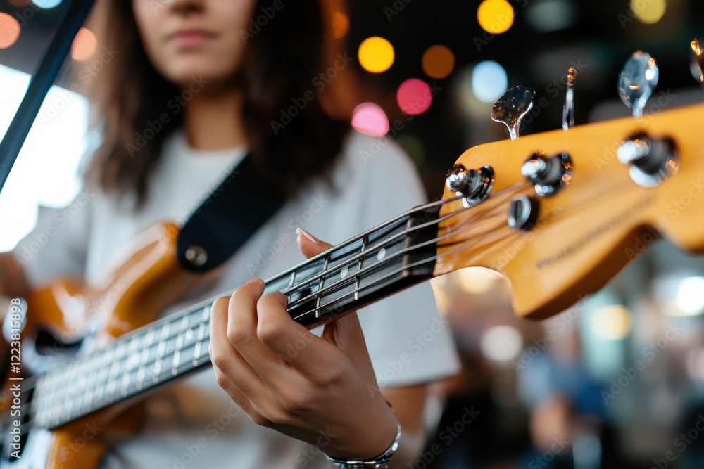 Fototapeta premium An artistic close-up of a hand gripping the neck of a bass guitar, showcasing intricate details of the instrument amidst a vibrant, colorful background.