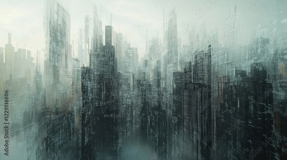 Futuristic cityscape emerging from a thick fog with a digital matrix overlay, creating a mysterious and technologically advanced urban environment Futuristic cityscape emerging from a thick fog with a digital matrix overlay, creating a mysterious and technologically advanced urban environment