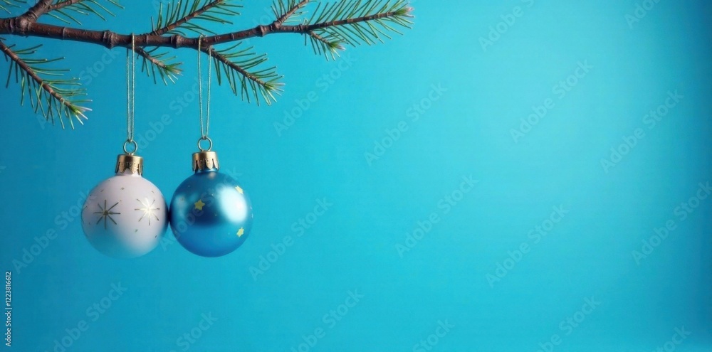 Blue and white ornaments hang from a metal rod on blue background, Christmas, festive, winter Blue and white ornaments hang from a metal rod on blue background, Christmas, festive, winter