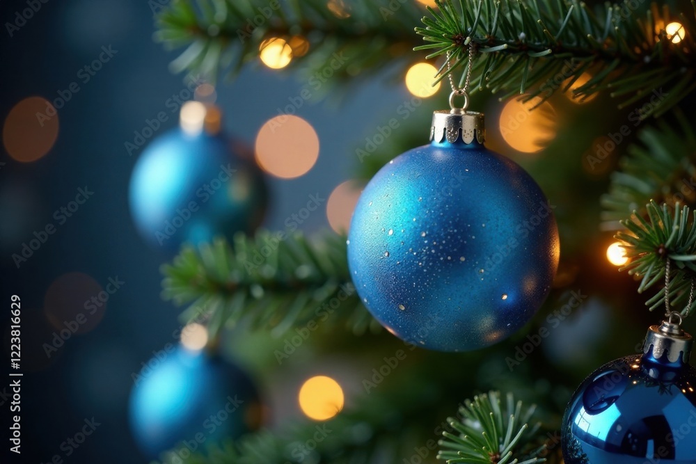 Blue and white glass balls adorn the tree with holiday lights, holiday decor, twinkling lights, Glass ornaments Blue and white glass balls adorn the tree with holiday lights, holiday decor, twinkling lights, Glass ornaments