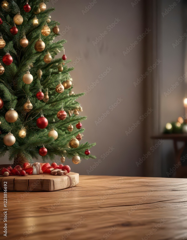 Christmas tree on wooden table with ornaments and lights, festive atmosphere, Christmas tree, decorated tree Christmas tree on wooden table with ornaments and lights, festive atmosphere, Christmas tree, decorated tree