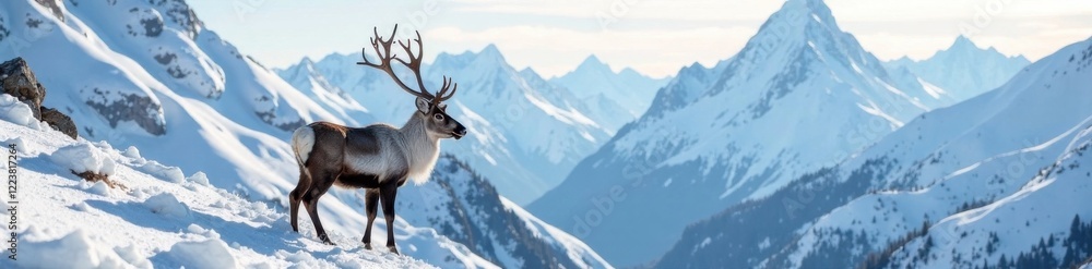 Caribou standing on snowy mountain slope, outdoors, wildlife Caribou standing on snowy mountain slope, outdoors, wildlife