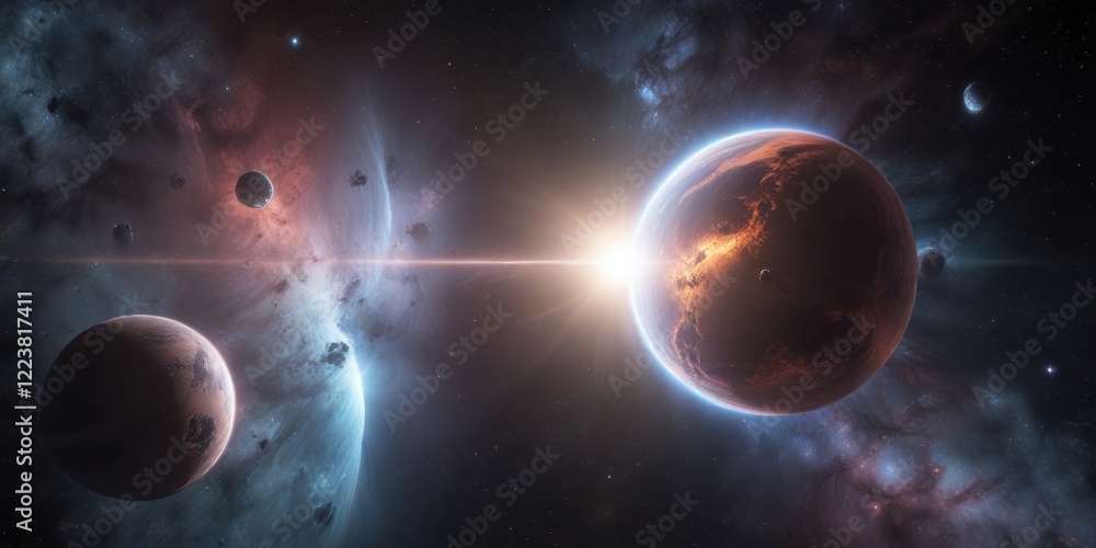 Obraz premium Celestial bodies orbiting a shimmering nebula, universe, space