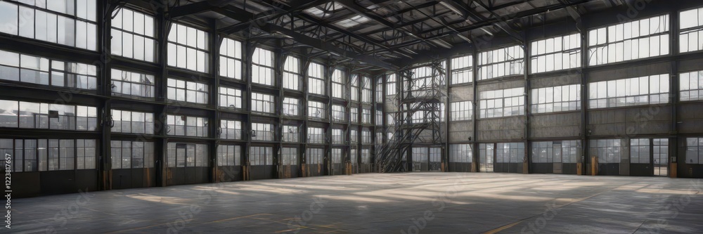 Industrial warehouse with large windows and metal structure in a modern setting, industrial design, industrial interior, modern building Industrial warehouse with large windows and metal structure in a modern setting, industrial design, industrial interior, modern building