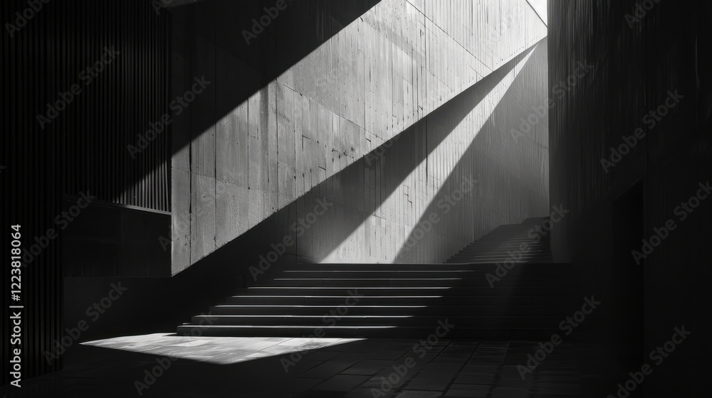 Fototapeta premium modern architectural space featuring dramatic light and shadow, showcasing concrete walls and stairs. interplay of light creates striking visual effect