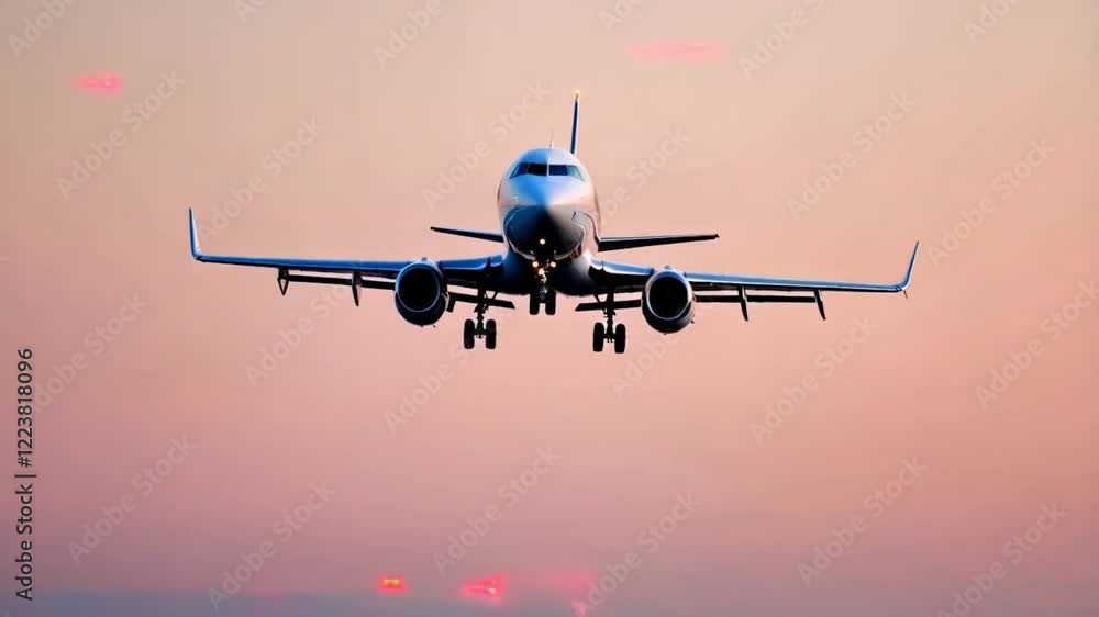 A white plane with signal lights lit, flies directly to the camera in beautiful gently-pink evening sky. landing gear is released, aircraft is on the approach to its destination and ready to land. 4K A white plane with signal lights lit, flies directly to the camera in beautiful gently-pink evening sky. landing gear is released, aircraft is on the approach to its destination and ready to land. 4K