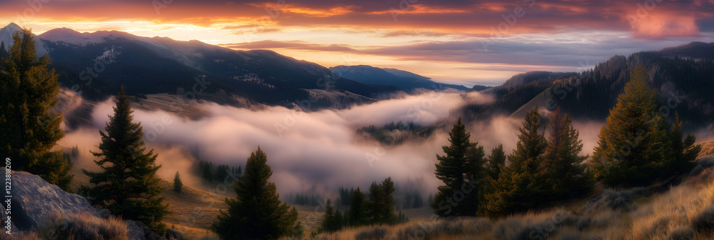 Obraz premium Ethereal Sunrise Through Mountain Valley Fog