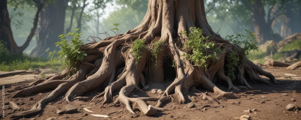 Fototapeta premium Earthy landscape with roots and vines growing out of a tree stump , forest, nature