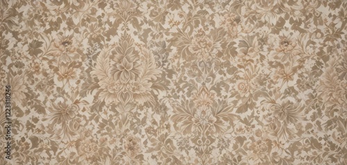 Intricate woven design with repeating damask pattern in muted color palette, featuring florals and foliage motifs on a neutral background,  minimalist style,  woven pattern,  home decor