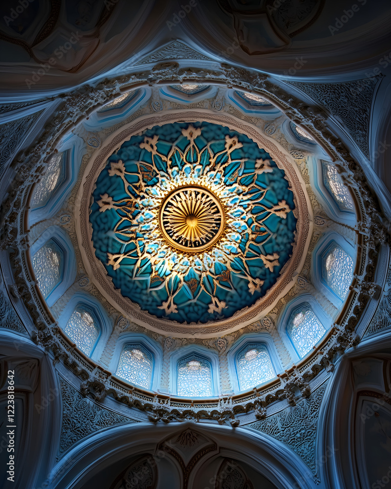 Naklejka premium Islamic Geometric Ceiling Pattern in Azure Light