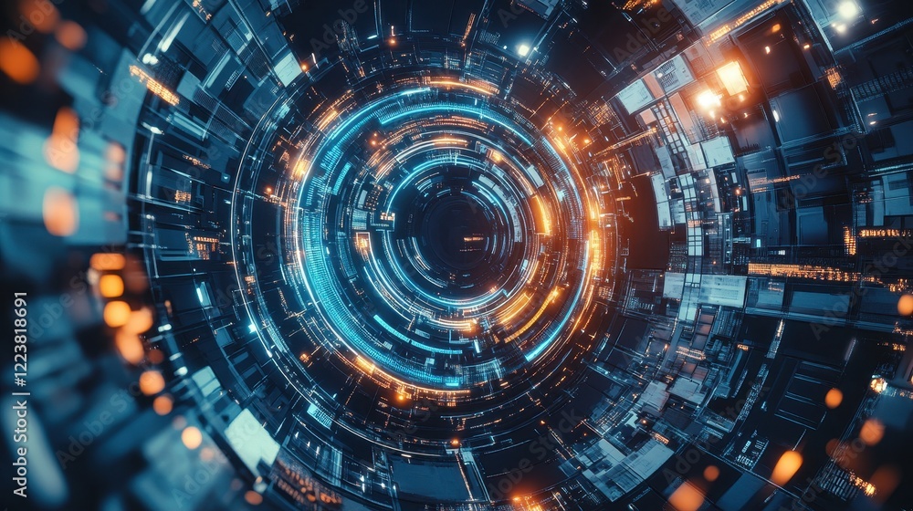 Fototapeta premium Futuristic Circular Technology Tunnel With Glowing Lights
