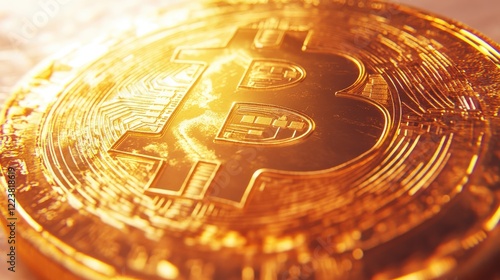 Close-up of a golden cryptocurrency coin, detailed design and warm lighting.