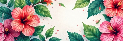 Colorful hibiscus leaves with intricate patterns on a watercolor background, Watercolor, Tropics, Floral Patterns