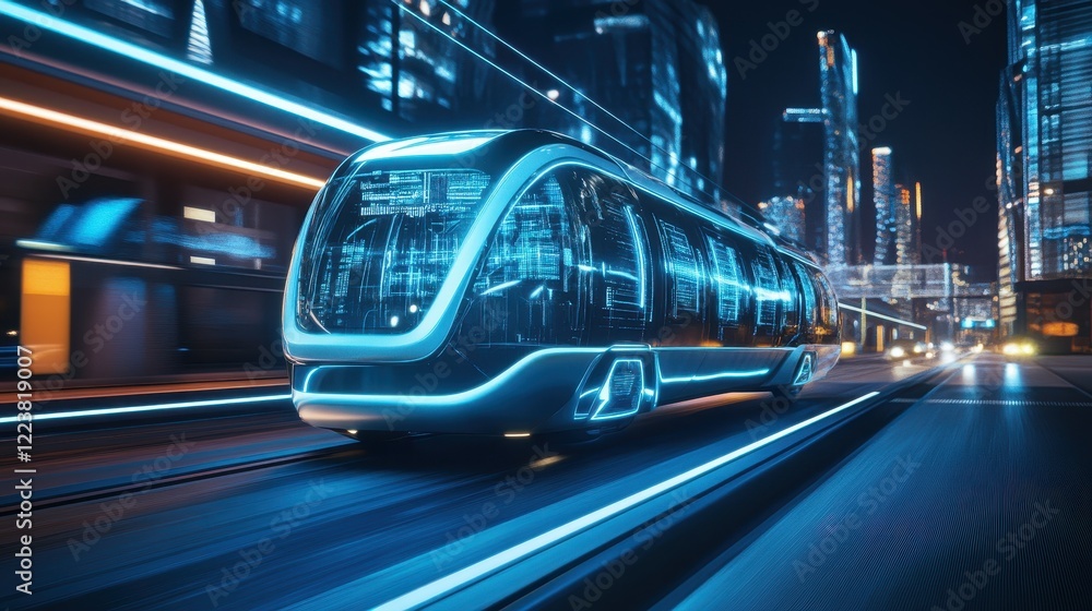 Fototapeta premium Futuristic Autonomous Vehicle Traveling Through Cityscape At Night