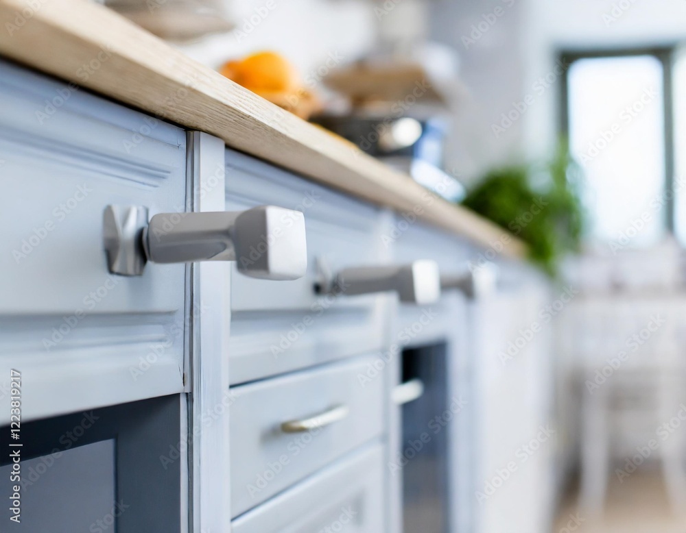 Close-Up of Stylish Light Gray Cabinet Handles in Modern Scandinavian Kitchen Interior Close-Up of Stylish Light Gray Cabinet Handles in Modern Scandinavian Kitchen Interior