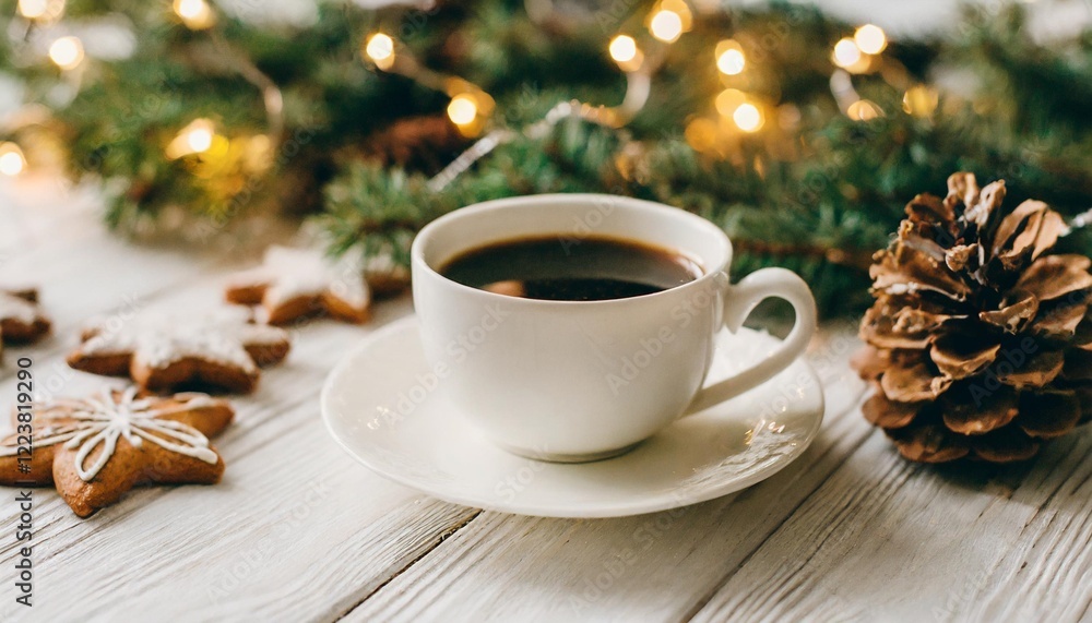 Christmas Gingerbread Cookies, Coffee in White Cup, Pine Cones, and Warm Lights on White Wooden Table: Hello Winter, Cozy and Moody Atmosphere Christmas Gingerbread Cookies, Coffee in White Cup, Pine Cones, and Warm Lights on White Wooden Table: Hello Winter, Cozy and Moody Atmosphere