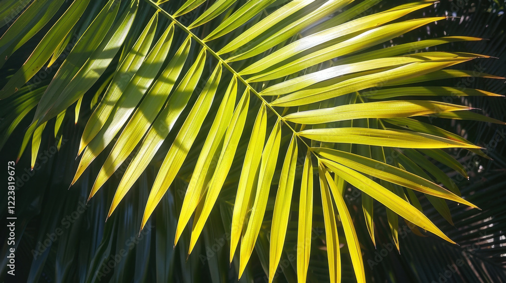 Obraz premium Bright green palm leaves with sunlight filtering through, creating vibrant tropical atmosphere