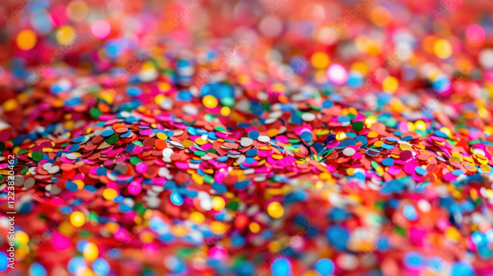 Fototapeta premium Colorful confetti scattered on vibrant surface, creating festive atmosphere. mix of red, blue, pink, and yellow adds joyful touch to celebrations