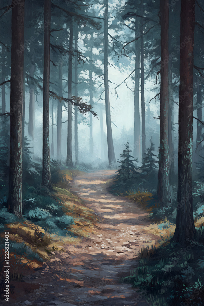 Fototapeta premium Misty Forest Path Through Ancient Pines