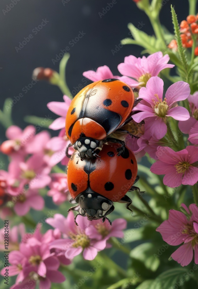 Fototapeta premium Ladybug gently sipping nectar from a colorful flower , pollination, flowers