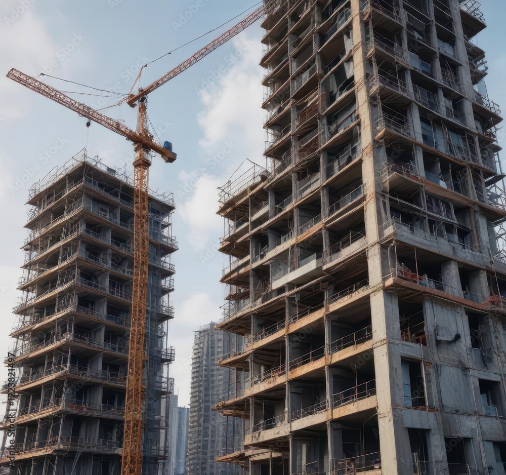 High-rise building under construction with cranes and scaffolding, construction, high rise High-rise building under construction with cranes and scaffolding, construction, high rise