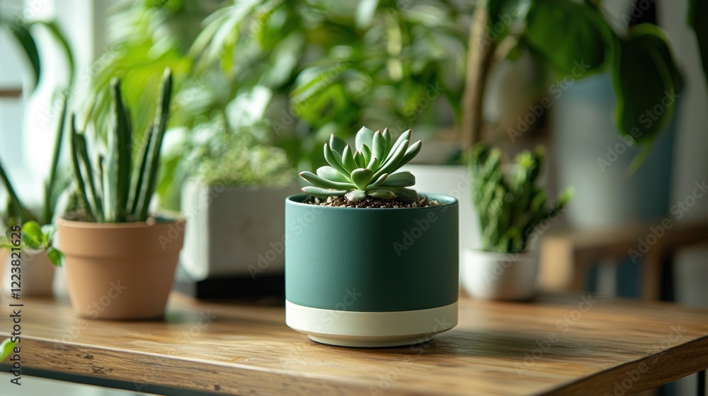 A vibrant green cactus pot sitting on a wooden table with other houseplants in the background. A vibrant green cactus pot sitting on a wooden table with other houseplants in the background.