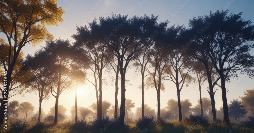 Dense foliage with blue tree silhouettes against a warm sunlit sky , trees, animals Dense foliage with blue tree silhouettes against a warm sunlit sky , trees, animals