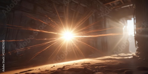 Intense beam of light from the sun, featuring dynamic lens flares and streaks, with a sense of energy and movement ,  lens,  streaks