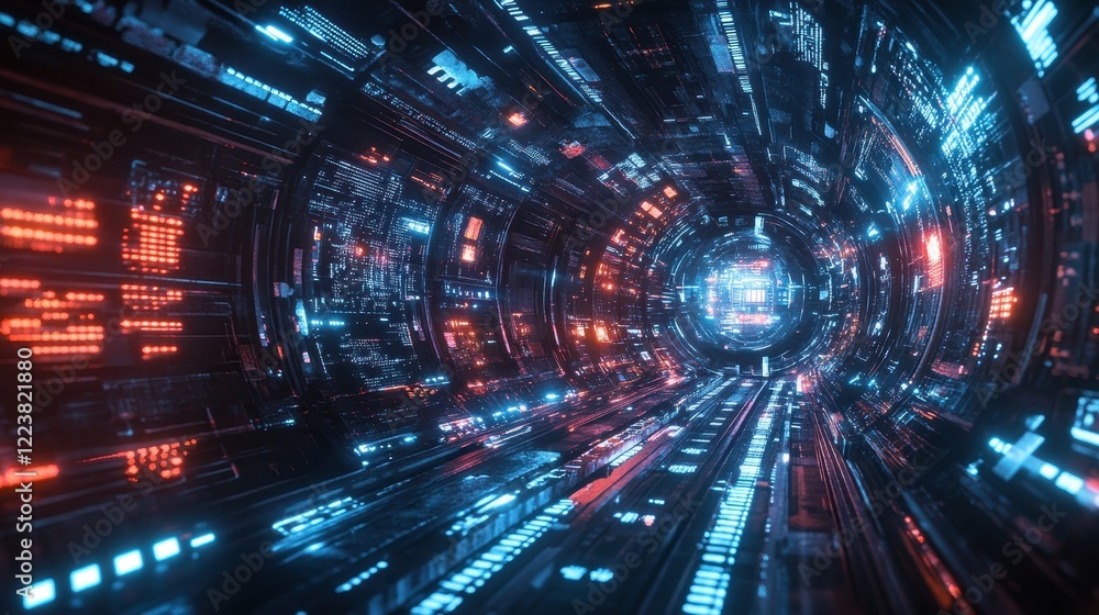 Obraz premium Futuristic Neon Tunnel Digital Sci Fi Corridor