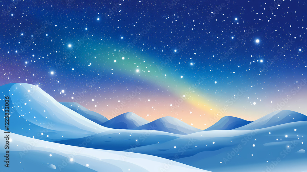 Fototapeta premium The aurora borealis dances across a starry sky over snow-covered hills. Aurora Ridge. Illustration