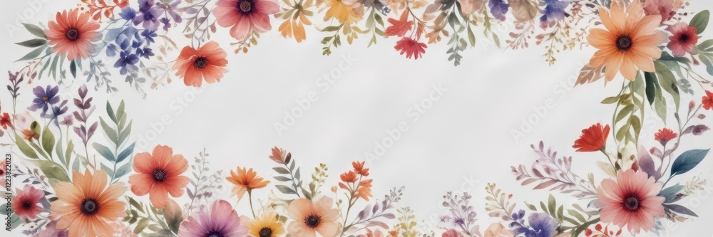 Intricate watercolor flowers swirl around a central focal point on a minimalist white background, delicate patterns , abstract decoration Intricate watercolor flowers swirl around a central focal point on a minimalist white background, delicate patterns , abstract decoration