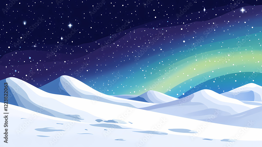The aurora borealis dances across a starry sky over snow-covered hills. Aurora Ridge. Illustration The aurora borealis dances across a starry sky over snow-covered hills. Aurora Ridge. Illustration