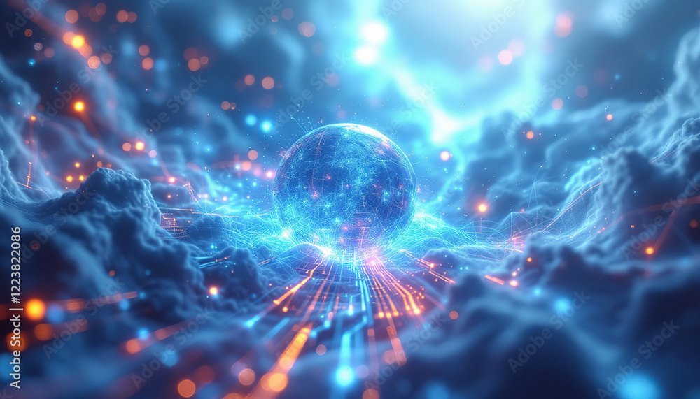 Obraz premium Illuminated Digital Sphere Above a Cloud Network