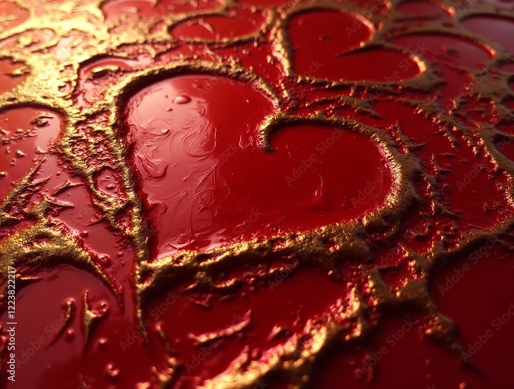 Intricate heart shapes emerge from a textured red surface, accented by shimmering gold details. Intricate heart shapes emerge from a textured red surface, accented by shimmering gold details.